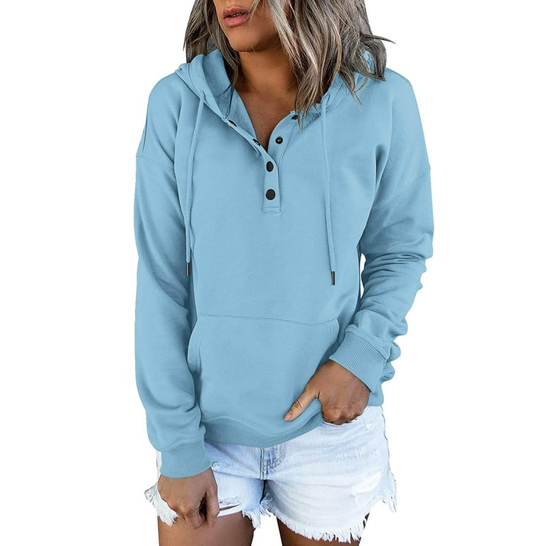 RPVATI Women Hoodies Pullover Henley Button Down Dressy Sweatshirts for  Women Fall Solid Drawstring Hoodie Women Oversized Loose Fit Long Sleeve  Hooded Office Clothes for Women Light Blue XXL 