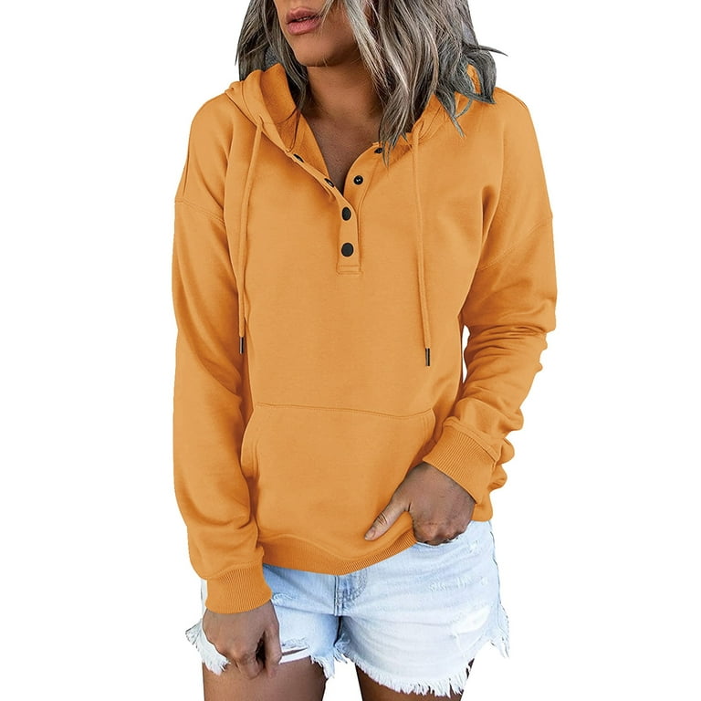 RPVATI Women Hoodies Pullover Long Sleeve Drawstring Western Sweatshirt  Button Down Loose Fit Hooded Women's Pullover Henley Top Clothes for Women  2023 with Pocket Ginger M 