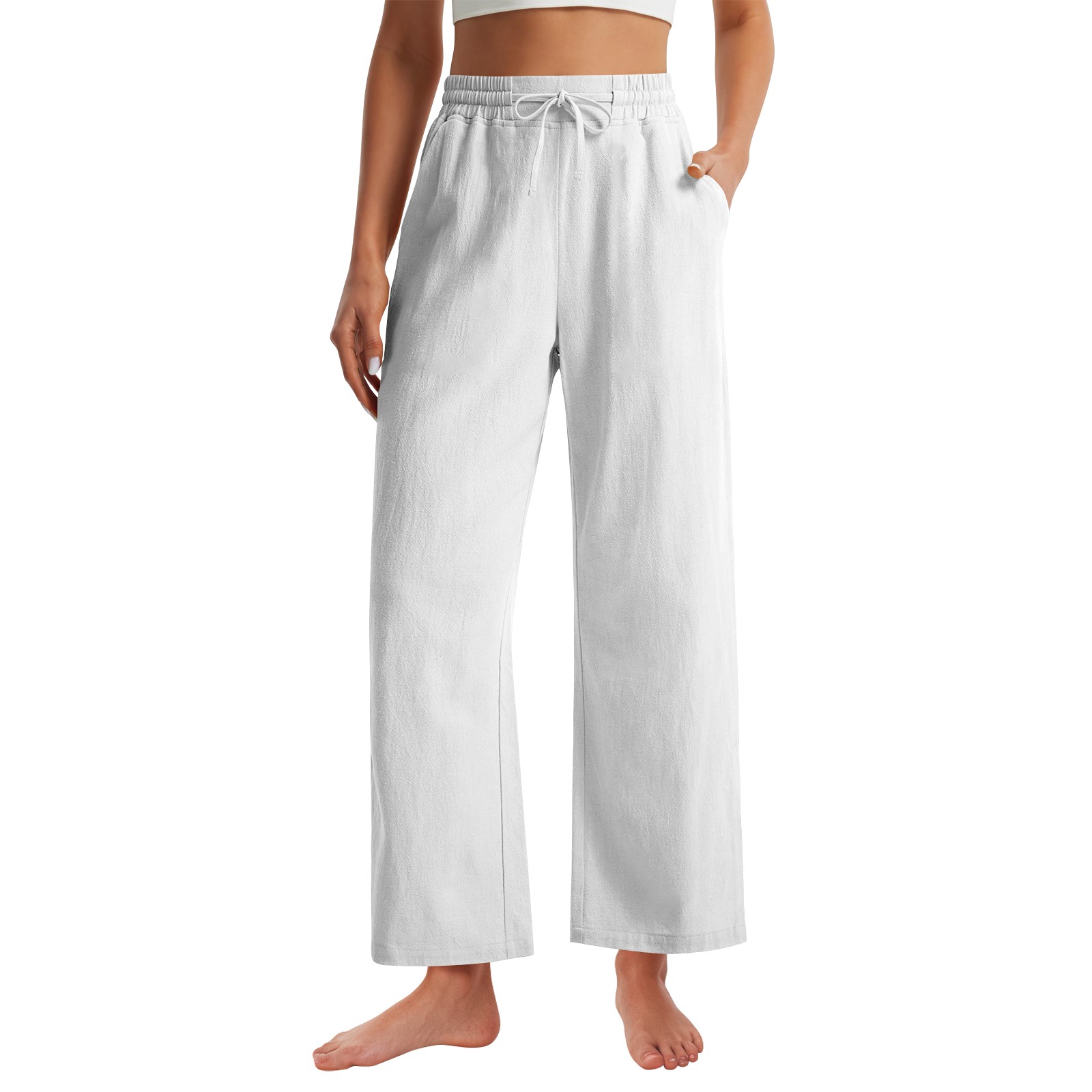 RPVATI Women Linen Pants Wide Leg Side Slit Ankle Pants High Waist ...