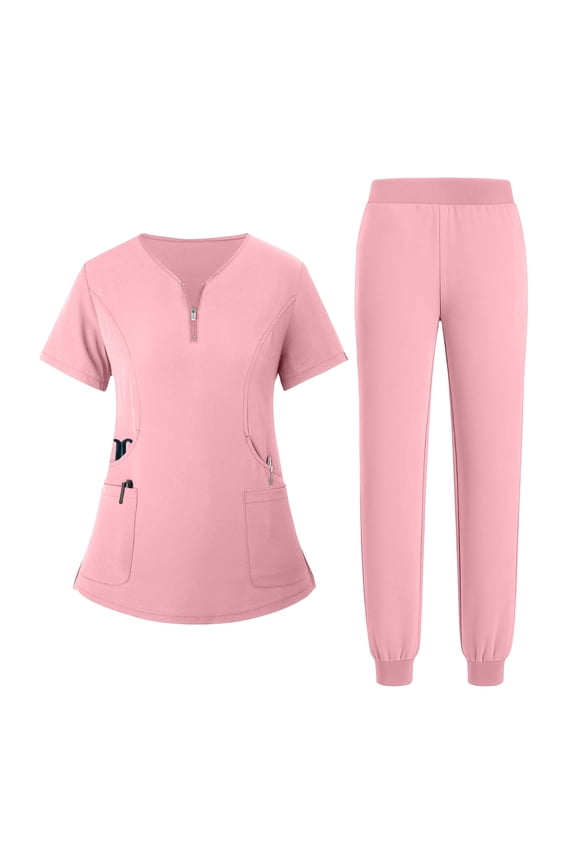 Women Scrubs Workwear Nursing Uniform Short Sleeve V-Neck Scrub Tops and Drawstring Pants 4 Way Stretch Quick Drying Scrub Suit with Pockets(Pink,S)