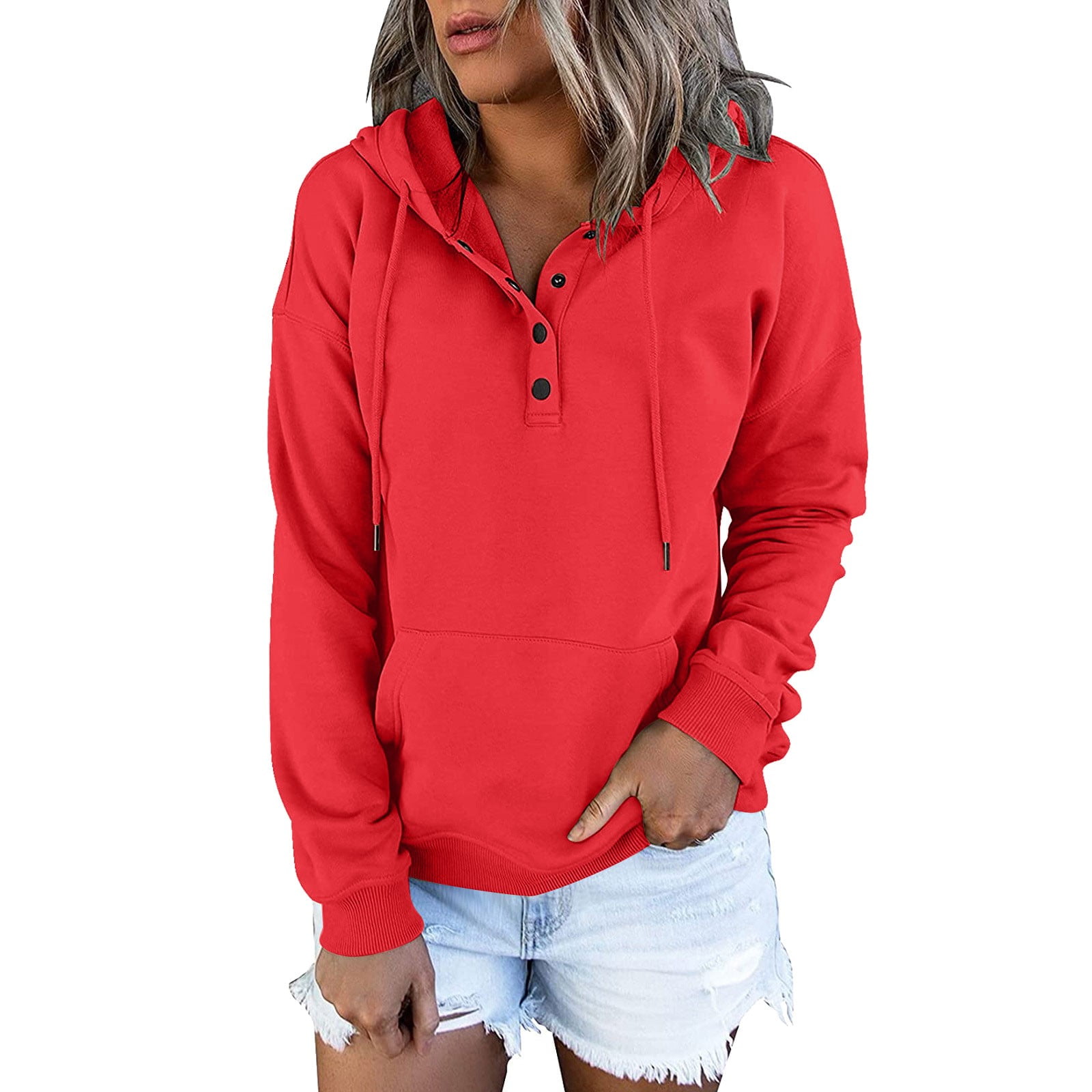 RPVATI Gym Hoodie Women Henley Drawstring Sweatshirt with Collar Girls with  Pocket Long Sleeve Hooded Womens Western Pullover Loose Fit Button Down  Oversized Tops for Women Red M 