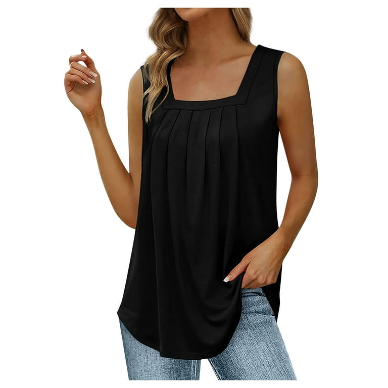 RPVATI Women Tank Tops Or Sleeveless Pleated Square Neck Cute Summer Tops  Curved Hem Flowy Shirts Sexy Y2k Tunic Tops Loose Fitted Clothes Black M 