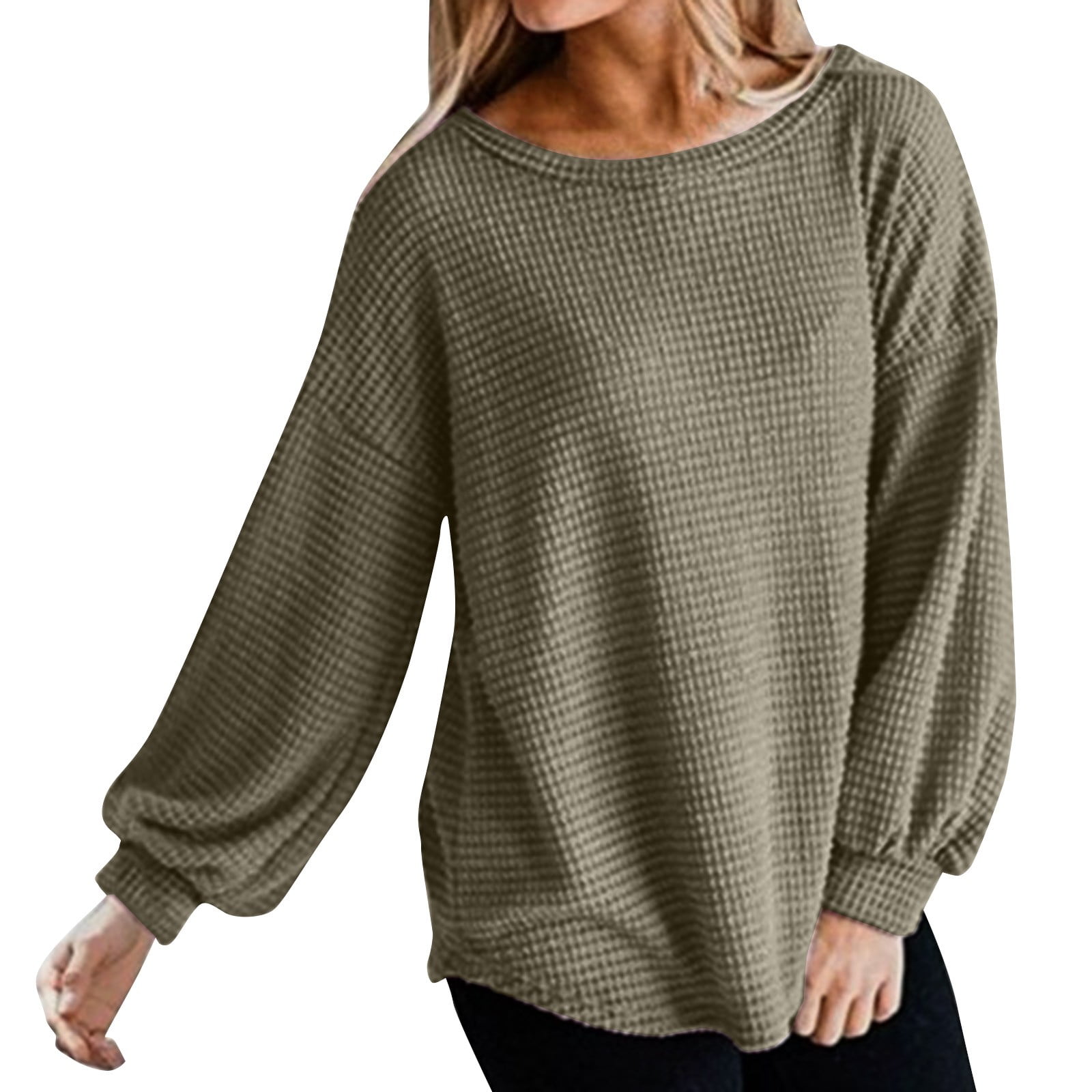 RPVATI Women s 2024 Fall Long Balloon Sleeve Waffle Knit Tops Crew Neck Oversized Sweater Pullover Army Green XXL Walmart