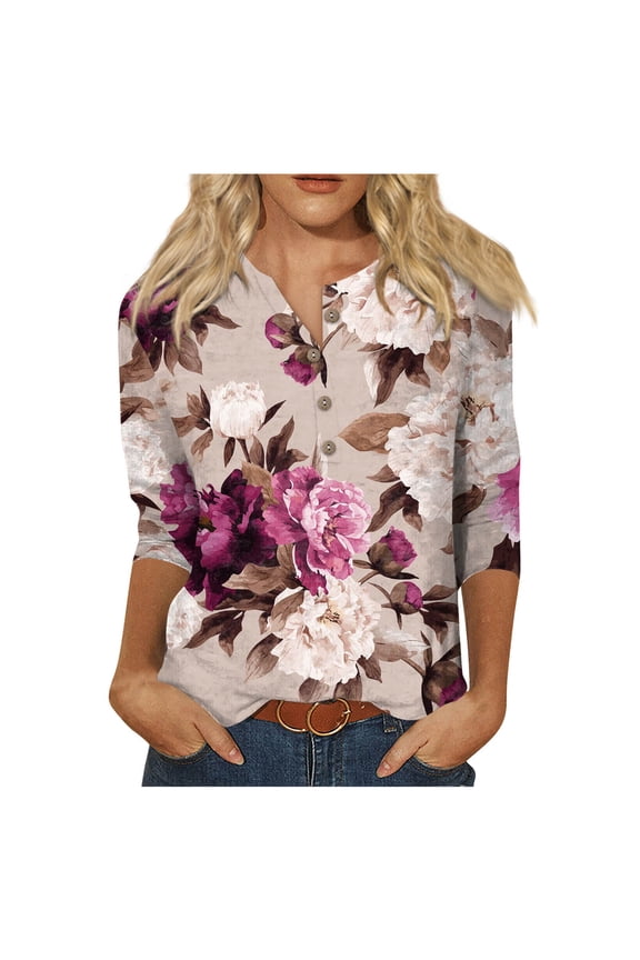 Women's 3/4 Sleeve Tops V Neck Button Down Up Floral Print Shirts Loose Fit Elbow Sleeve Henley Blouses Beach Vintage Tee Shirts Casual Clothes Wine M