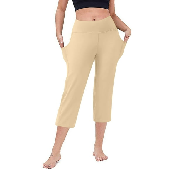 RPVATI Women's Capri Pants With Drawstring Lightweight Plus Size Tummy Control Wide Leg Yoga Capri Leggings with Pockets Casual Loose High Waist Running Crop Pants Khaki XL