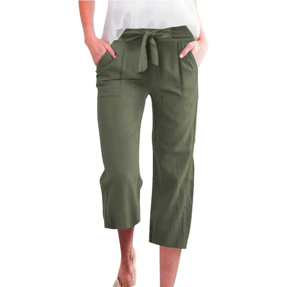 RPVATI Women's Capri Pants Linen Plus Size Wide Leg Drawstring Capri Pants Summer Elastic Waist Straight Leg Work Pants Tie Front Cropped Trouser with Pockets Army Green S