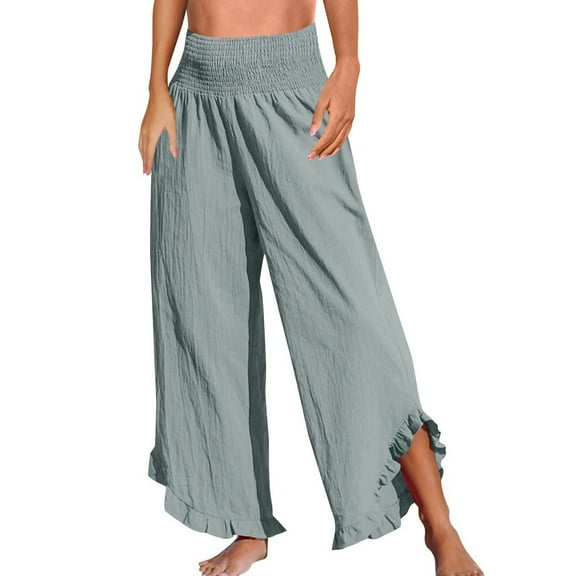 RPVATI Women's Cotton Linen Pants Summer Boho Flowy Elastic Waist Smocked Palazzo Pants Casual Plus Size Ruffle Hem Straight Leg Beach Loose Travel Trousers with Pockets Blue XXL
