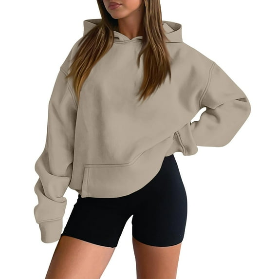 RPVATI Women's Hoodie Plus Size Long Sleeve Sweatshirts Y2k Hooded Drop Shoulder Pullover Loose Clothes with Pockets Khaki S