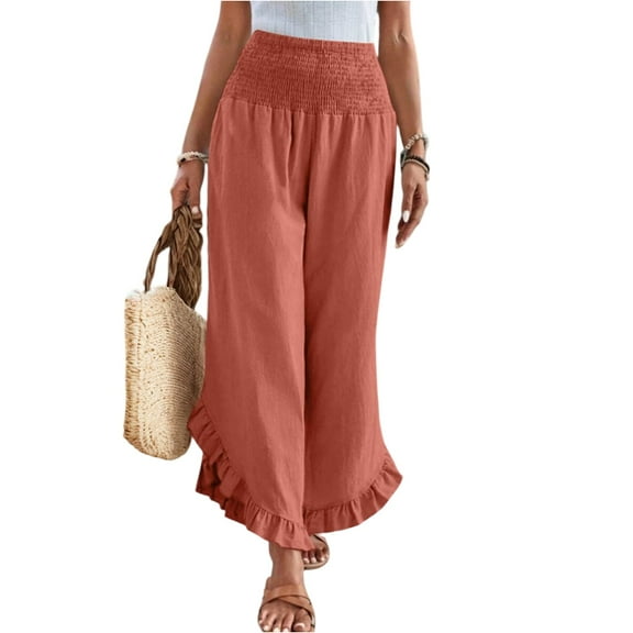 RPVATI Women's Linen Pants Dressy Boho Casual Smocked Elastic High Waisted Ruffle Hem Palazzo Pants Summer Flowy Wide Leg Beach Baggy Lounge Trousers with Pockets Orange 3XL