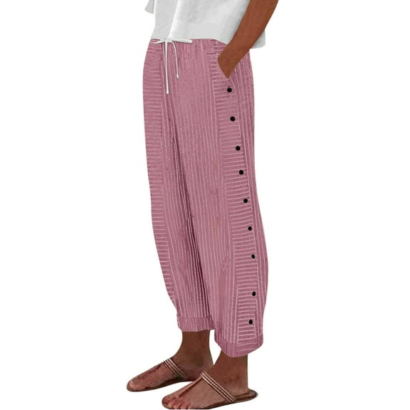 RPVATI Women's Linen Pants Summer Side Button Drawstring Elastic Waist Cropped Pants Petite Wide Leg Lightweight Holiday Trousers with Pockets Red L