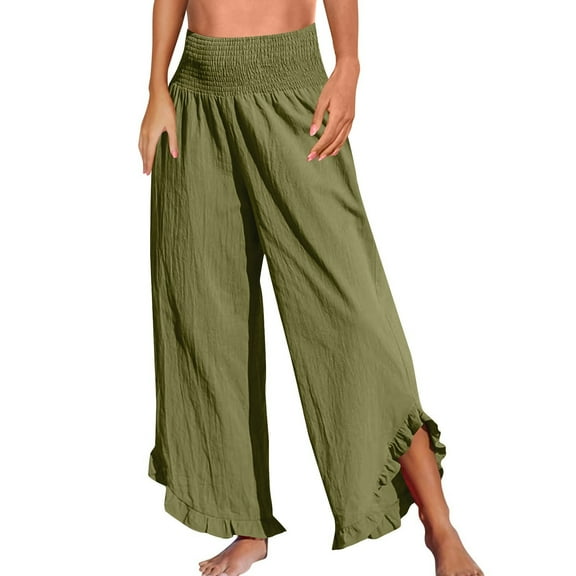 RPVATI Women's Linen Pants, Summer Trendy Elastic High Waisted Smocked Flowy Palazzo Pants Boho Casual Wide Leg Ruffle Hem Beach Loose Lounge Pants with Pockets Army Green M