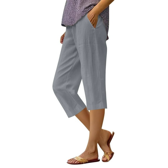 RPVATI Women Linen Capris Summer Casual High Waist Capri Pants Comfy Straight Leg 2025 Beach Cropped Pants W/pockets Light Gray 5XL