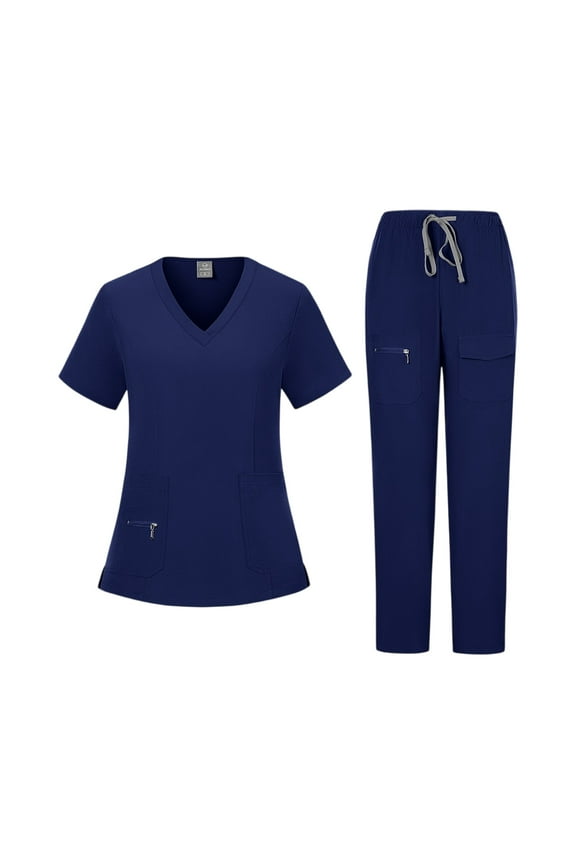 Women's Scrubs Set Workwear Nurse Uniform 4 Way Stretch Short Sleeve V-Neck Scrub Top Elastic Waist Jogger Pant Nursing Plus Size Scrub Suit Multi Pockets(Navy,M）