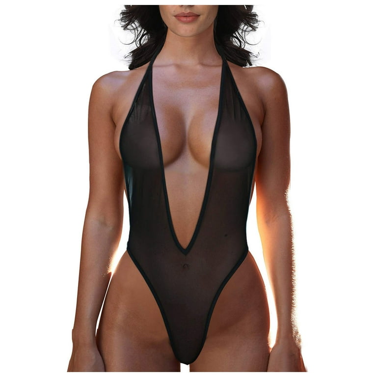 RPVATI Women's Sexy See Through Lingerie Halter Bodysuit Sheer Mesh V Neck  Bodysuits