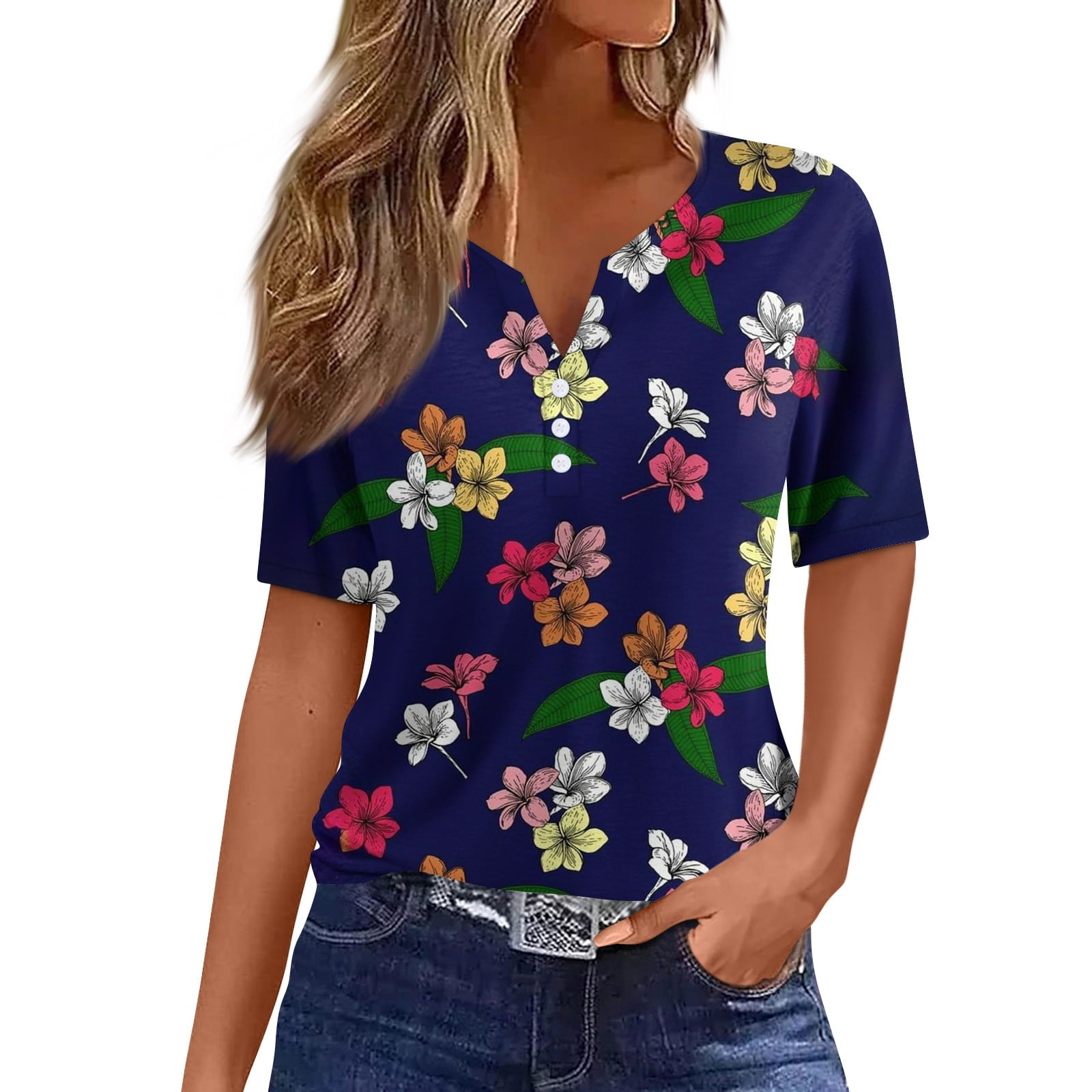 Rpvati Womens Tops Summer 2024 Henley Short Sleeve Floral T Shirts