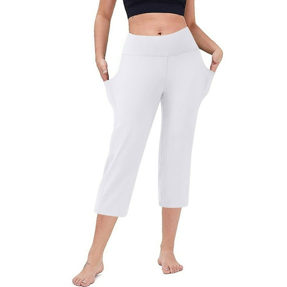 RPVATI Women's Wide Leg Capri Pants Loose Tummy Control High Waist Yoga Capris Pants Knee Length Casual 2025 Crop Pants with Pockets White XL