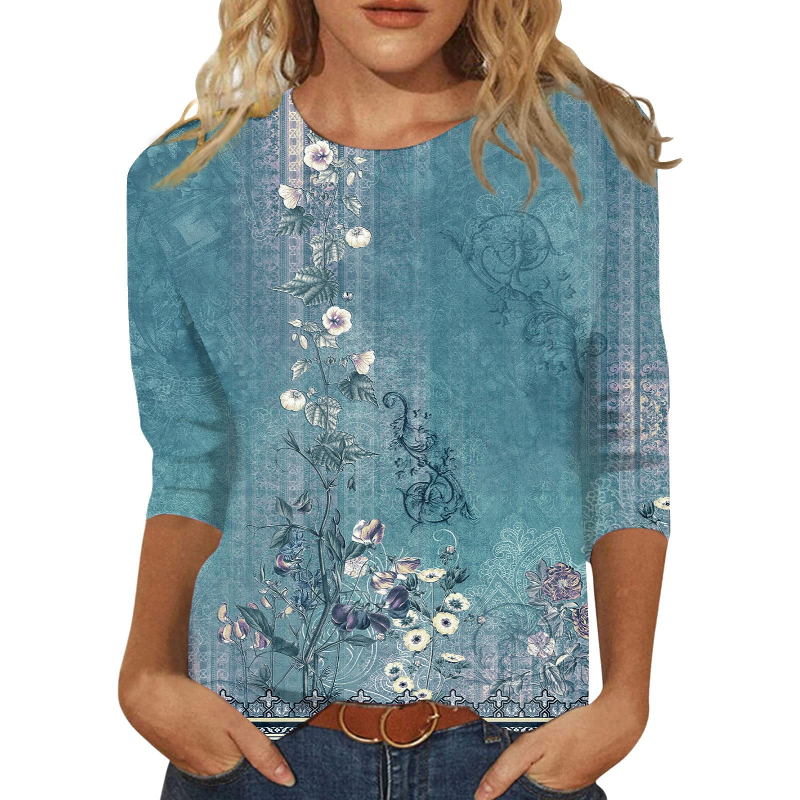 RPVATI Womens 3/4 Sleeve Summer Tops Casual Floral Print T-Shirt for ...