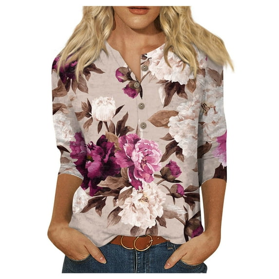 RPVATI Womens 3/4 Sleeve Tops And Blouses Button Down Up V Neck Floral Print Shirts Henley Loose Fit Elbow Sleeve Blouses Dressy Cute T Shirts Teen Girls Tunic Tops Wine 5XL