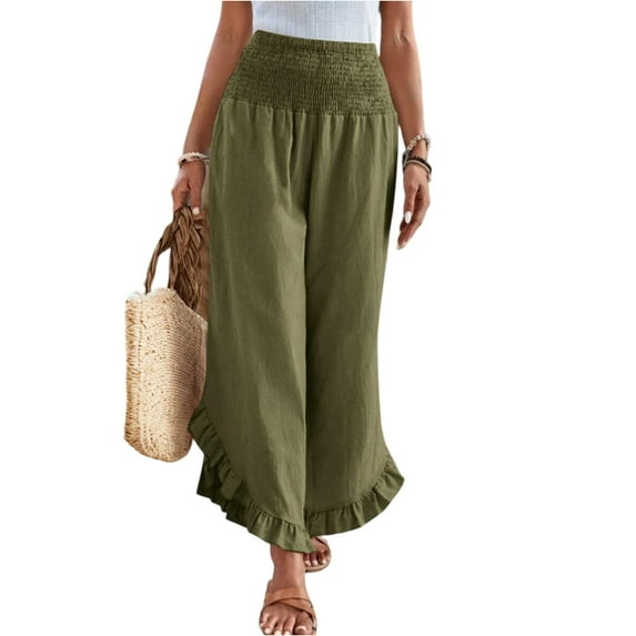 RPVATI Womens Black Linen Pants Casual Fashion 2025 Smocked Ruffle Hem High Waisted Palazzo Pants Summer Boho Flowy Wide Leg Beach Boho Vacation Pants with Pockets Army Green S