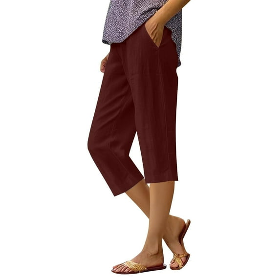 RPVATI Womens Capri Linen Pants Summer High Waisted Casual Pants Lightweight Straight Leg Plus Size Beach Cropped Pants with Pockets Wine XL