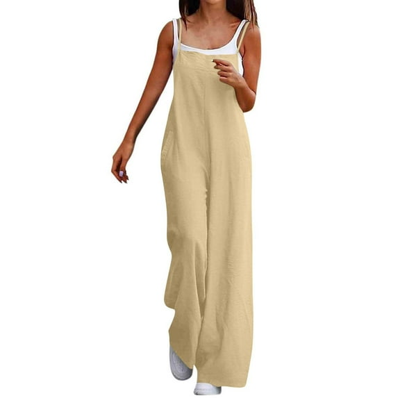 RPVATI Womens Casual Sleeveless Jumpsuits Summer Boho Wide Leg Floral Rompers Overalls with Pockets Beige L