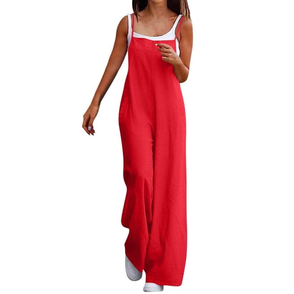 RPVATI Womens Casual Sleeveless Jumpsuits Summer Boho Wide Leg Floral Rompers Overalls with Pockets Red M