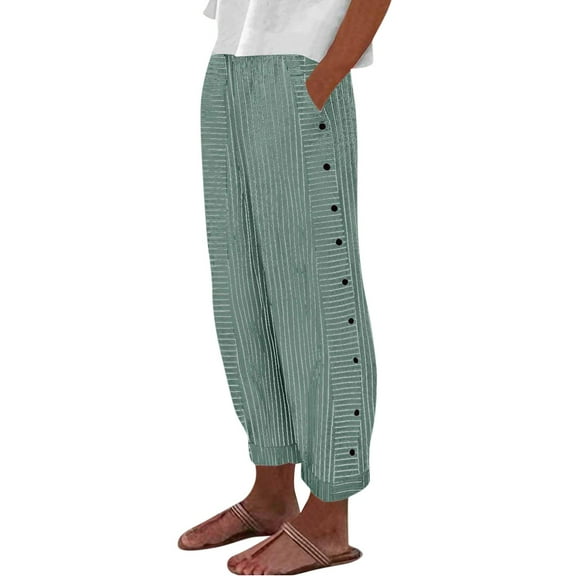 RPVATI Womens Cotton Linen Pants Casual Drawstring Wide Leg Elastic Waist Beach Pants Summer Side Button Lightweight Petite Trousers with Pockets Army Green S