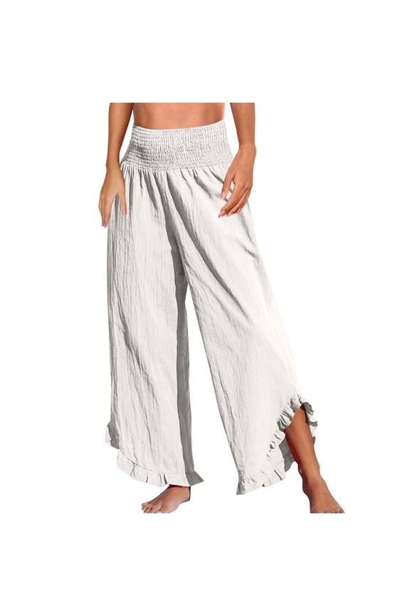 Womens Cotton Linen Wide Leg Pants Casual Boho Smocked Ruffle Hem Elastic Waist Palazzo Pants Fashion 2025 Summer Flowy Beach Cropped Lounge Pants with Pockets White 3XL