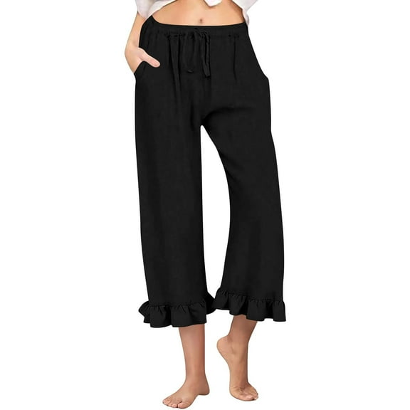 RPVATI Womens Linen Capri Pants With Pockets Summer High Waisted Drawstring Vacation Wide Leg Palazzo Pants Casual Loose Fit Ruffle Cropped Beach Trousers Black XL