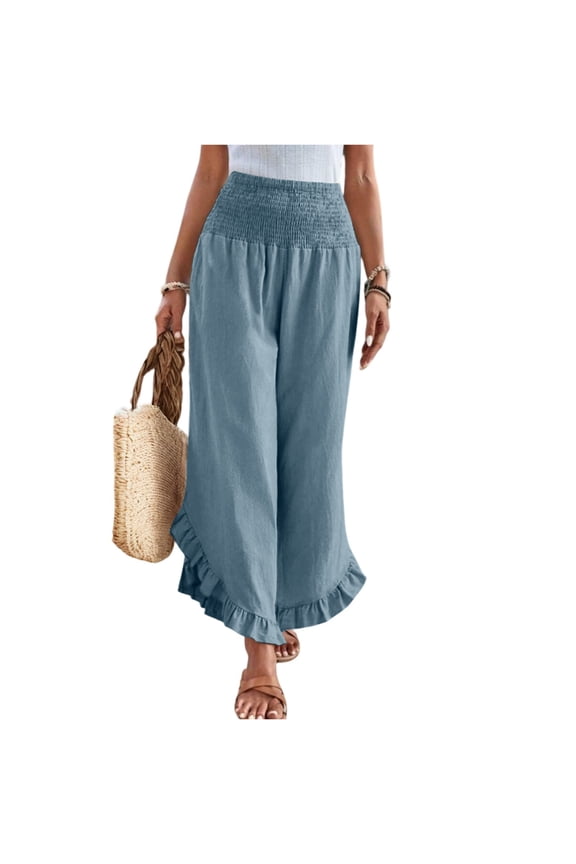 Womens Linen Cropped Pants Casual Plus Size Elastic High Waisted Ruffle Hem Smocked Palazzo Pants Boho Summer Wide Leg Flowy Beach Boho Vacation Trousers with Pockets Light Blue S