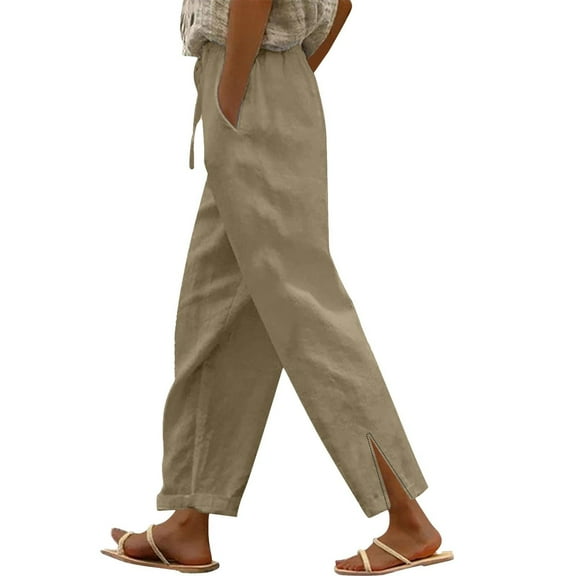 RPVATI Womens Linen Pants 2025 Summer Wide Leg Drawstring Beach Pants Trendy Lightweight Elastic Waist Trousers with Pockets Khaki S