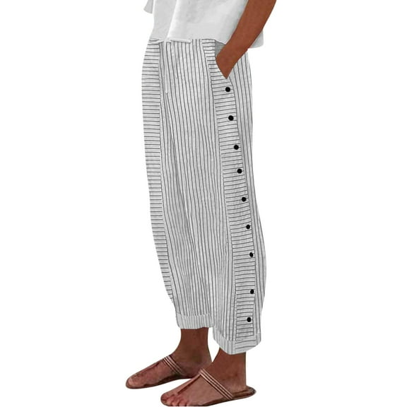 RPVATI Womens Linen Pants Petite Short Length Summer Elastic Waist Wide Leg Drawstring Lounge Pants Side Button Lightweight Work Trousers with Pockets Beige XL