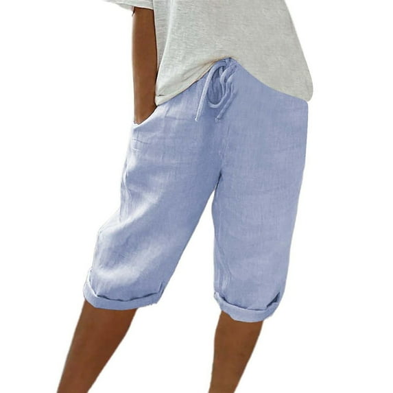 RPVATI Womens Linen Shorts Knee Length Elastic Waist Summer Beach Bermuda Shorts Trendy Drawstring Flowy Capris Pants with Pockets Sky Blue L