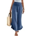 thumbnail image 1 of RPVATI Womens Linen Wide Leg Pants Dressy Casual Elastic Waist Ruffle Hem Smocked Palazzo Pants Summer Boho Flowy Beach Cropped Lounge Trousers with Pockets Blue M, 1 of 8