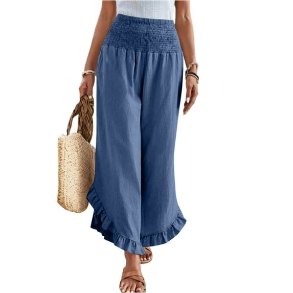 RPVATI Womens Linen Wide Leg Pants Dressy Casual Elastic Waist Ruffle Hem Smocked Palazzo Pants Summer Boho Flowy Beach Cropped Lounge Trousers with Pockets Blue M