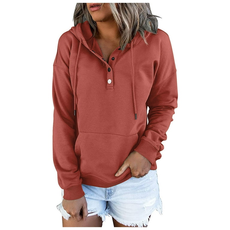 RPVATI Womens Mock Neck Sweatshirt Drawstring Hooded Hoodie Women Cute Fall  Solid Button Up Women's Pullover Tops Loose Fit Henley Long Sleeve Hippie  Clothes for Women Orange M 