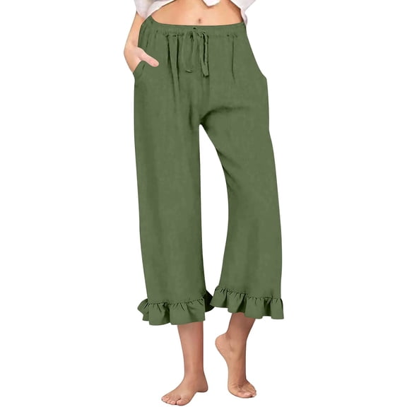 RPVATI Womens Petite Linen Pants Summer Ruffle Elastic High Waisted Vacation Wide Leg Capri Pants Casual Drawstring Lounge Cropped Trousers with Pockets Army Green L