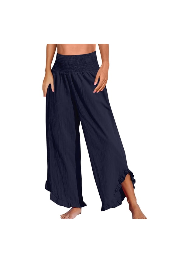 Womens Plus Size Linen Pants Summer Casual Ruffle Hem High Waisted Smocked Palazzo Pants Boho Trendy Straight Leg Flowy Beach Boho Travel Pants with Pockets Navy XXL