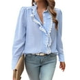 RPVATI Womens Ruffle Trim Long Sleeve Button Up Blouse Top Striped Lace Mock Neck Shirt Elegant