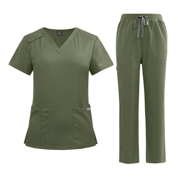 RPVATI Womens Scrub Pants Nurse Uniform Stretch Short Sleeve V-Neck Scrub Top Drawstring Jogger Pant Workwear Plus Size Scrub Suit Multi Pockets(Army Green,L)