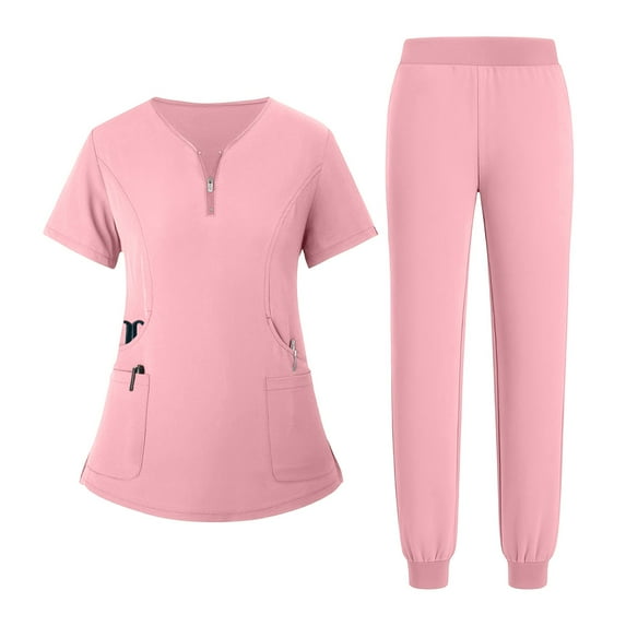 RPVATI Womens Scrub Pants Workwear Nurse Uniform 4 Way Stretch V-Neck Short Sleeve Top and Jogger Pants Nursing Breathable Scrub Suit with Pockets(Pink,L)