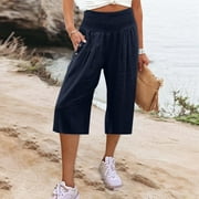 RPVATI Womens Stretch Capris Trendy Summer Linen High Waisted Palazzo Pants Casual Wide Leg Capri Pants Petite Straight Leg Lounge Pants with Pockets Navy XXL