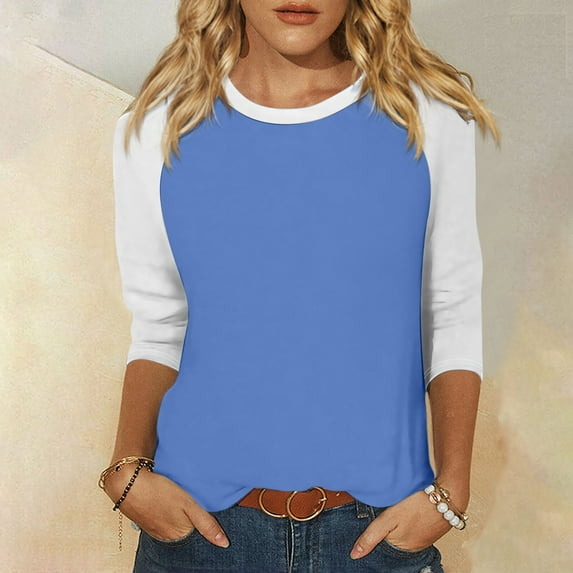 RPVATI Womens Tops 3/4 Sleeve Size Large Raglan Contrast Round Neck Casual Shirts Three Quarter Length Color Block Trendy Summer Blouses Loose Fit Tees 2024 Blue XL