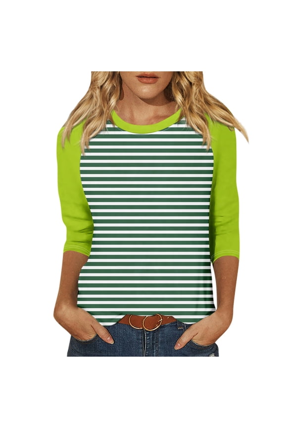 Womens Tops 3/4 Sleeve Size Large Raglan Contrast Round Neck Casual Shirts Three Quarter Length Color Block Trendy Summer Blouses Loose Fit Tees 2024, Mint Green L