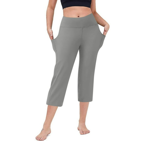 RPVATI Capris for Women Plus Size Casual High Waisted Tummy Control Yoga Capri Leggings with Pockets Comfy Loose Wide Leg Petite Crop Pants Gray 3XL