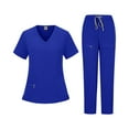 thumbnail image 1 of RPVATI Yoga Scrubs for Women Set Nurse Uniform Workwear V-Neck Short Sleeve Tops and Cargo Pants 4 Way Stretch Breathable Scrubs Set Multi Pockets(Royal Blue,L）, 1 of 3