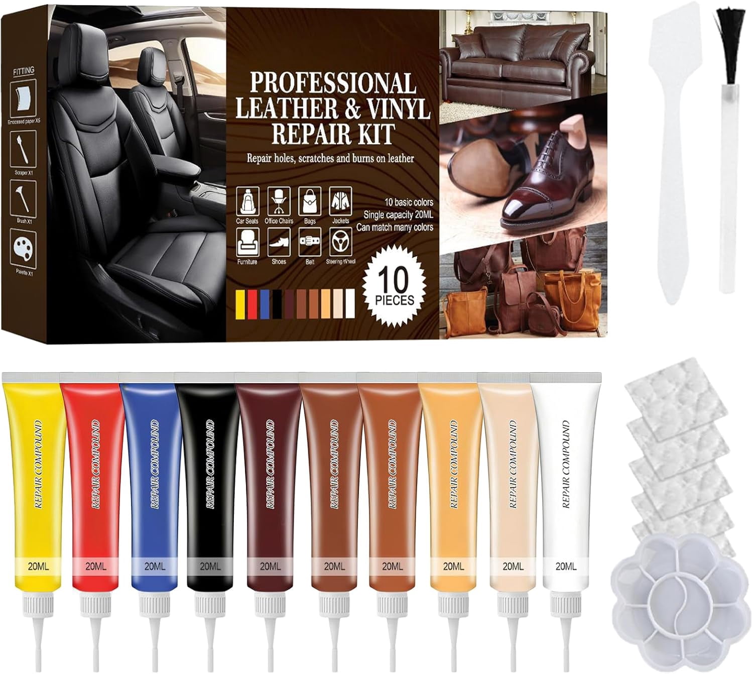 RQB Leather Repair Kit – 10-Color DIY Leather & Vinyl Repair for Furniture, Car Seats, Jackets, Bags & Shoes – Easy Color Match, Complete Tools Included