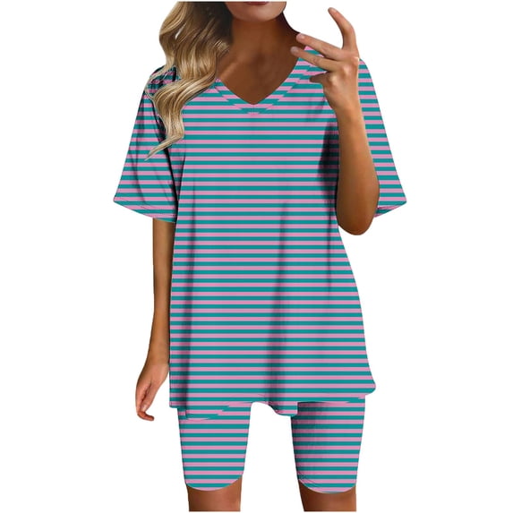 RQYYD 2 Piece Lounge Sets for Women Soft Comfy Pajama V Neck Cami Pj Shorts Set with Pocket Summer Striped Print Sleepwear