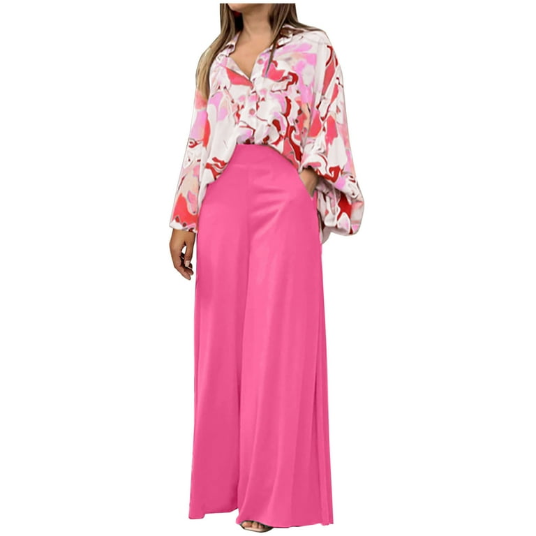 RQYYD 2 Piece Outfits For Women Wide Leg Pants Sets Casual Long Sleeve  Floral Print Button Down Shirt Loose Plus Size Streetwear Suits Pink XXL