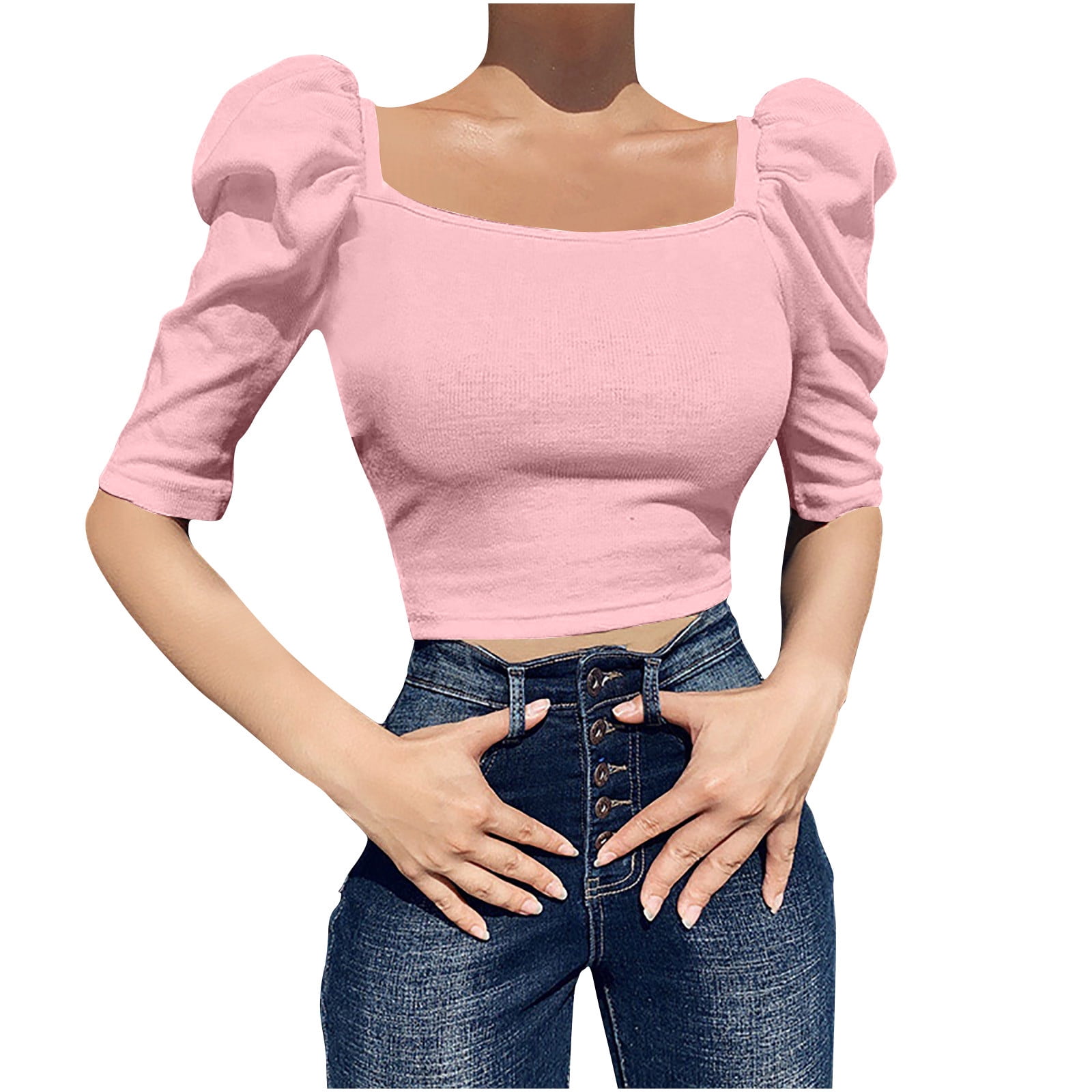 RQYYD 2023 Womens Summer Tops Puff Sleeve Square Neck Ribbed Knit Crop Top  Blouse Casual Basic Slim Fit T-Shirt(Pink,M)
